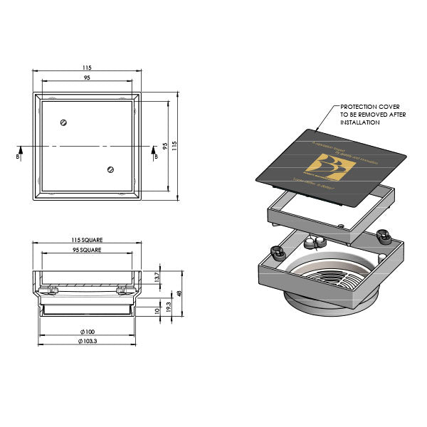 ART Australia Bermuda Standard Floor Waste Tile Insert Gold 100mm Technical Drawing - The Blue Space