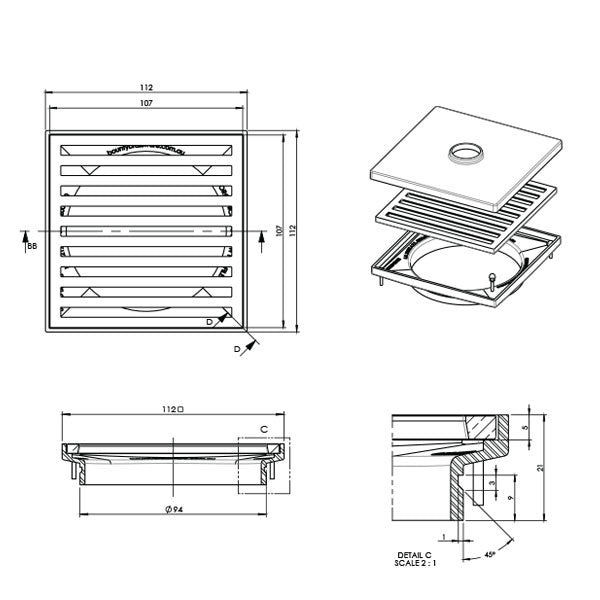 ART Australia Organics Slotted Floor Waste 100mm Technical Drawing - The Blue Space