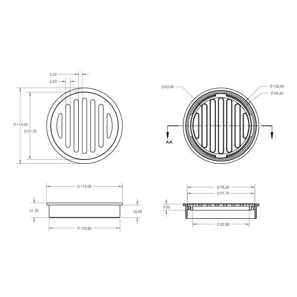 ART Australia Standard Brass Round Floor Waste 100mm Technical Drawing - The Blue Space