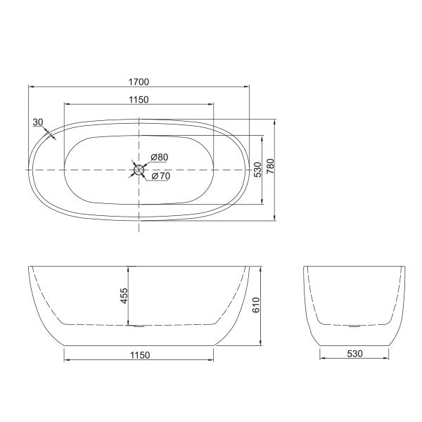 BelBagno Ally Freestanding Bath 1700mm White Technical Drawing  - The Blue Space