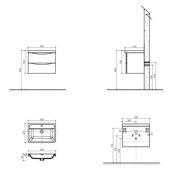 BelBagno Ancona 600mm Wall Hung Vanity Technical Drawing - The Blue Space