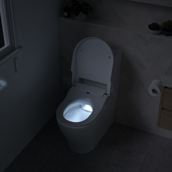 Caroma Livewell Bidet open toilet bowl in night light view | The Blue Space