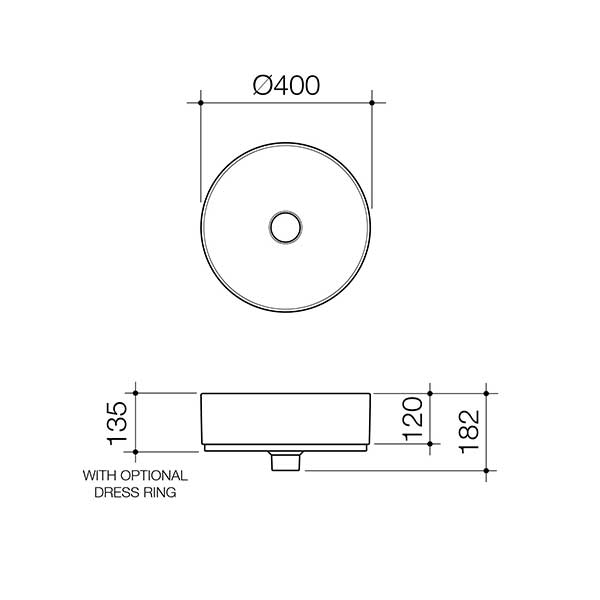 Caroma Liano II 400mm Round Above Counter Basin Technical Drawing - The Blue Space