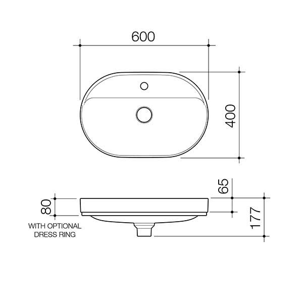 Caroma Liano II 600mm Pill Inset Basin With Tap Landing 1TH Technical Drawing - The Blue Space