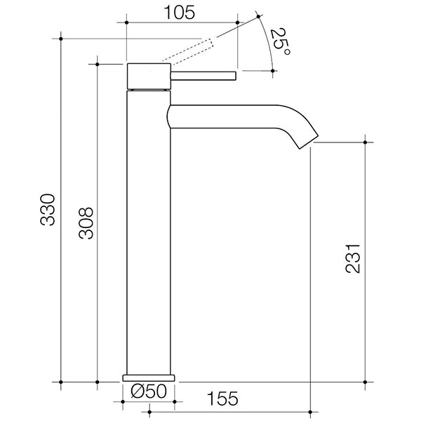 Caroma Liano II Tower Basin Mixer Technical Drawing - The Blue Space
