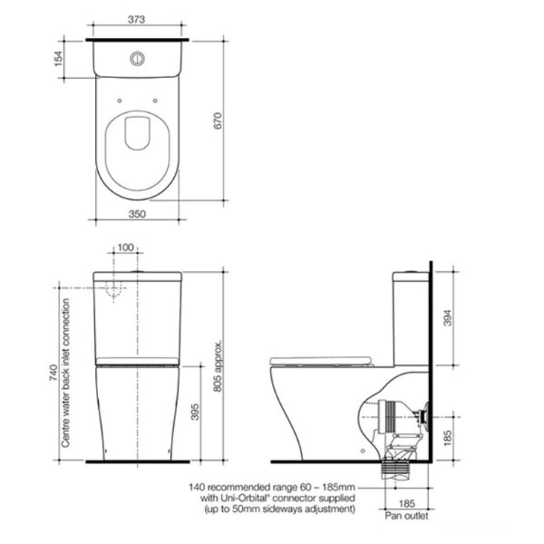 Caroma Luna Slim Wall Faced Toilet Suite Technical Drawing - The Blue Space