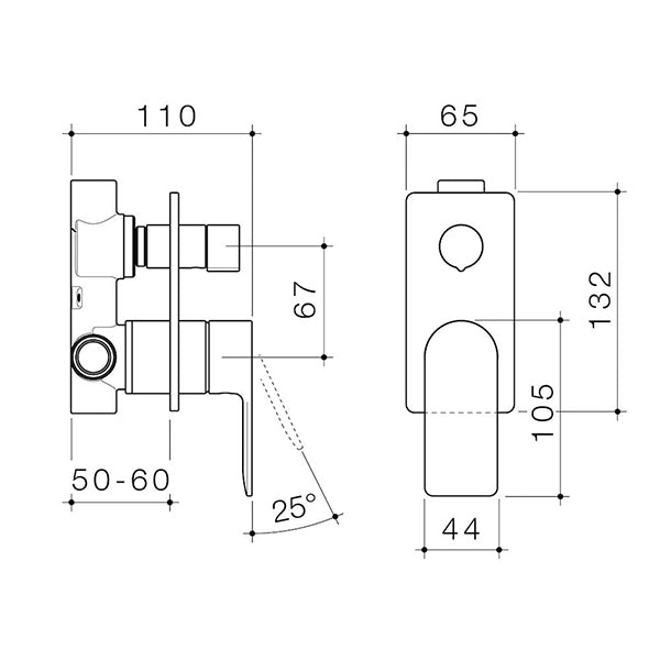 Caroma Urbane II Bath/Shower Mixer with Diverter Rectangle Technical Drawing - The Blue Space