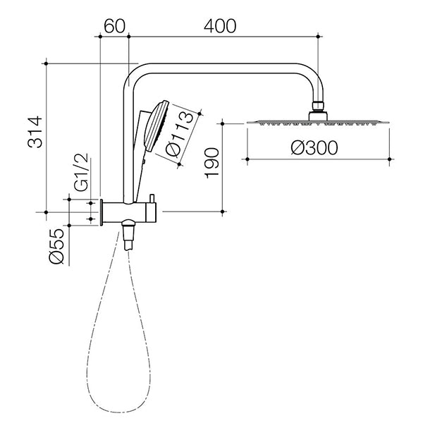 Caroma Urbane II Compact Twin Shower Technical Drawing - The Blue Space