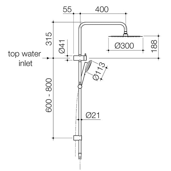 Caroma Urbane II Rail Shower 300mm Overhead Technical Drawing - The Blue Space