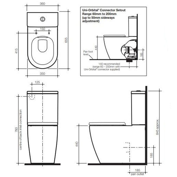 Caroma Urbane II Cleanflush Wall Faced Toilet Suite Technical Drawing - The Blue Space