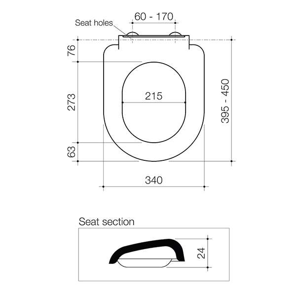Caroma Xena Soft Close Toilet Seat Technical Drawing - The Blue Space