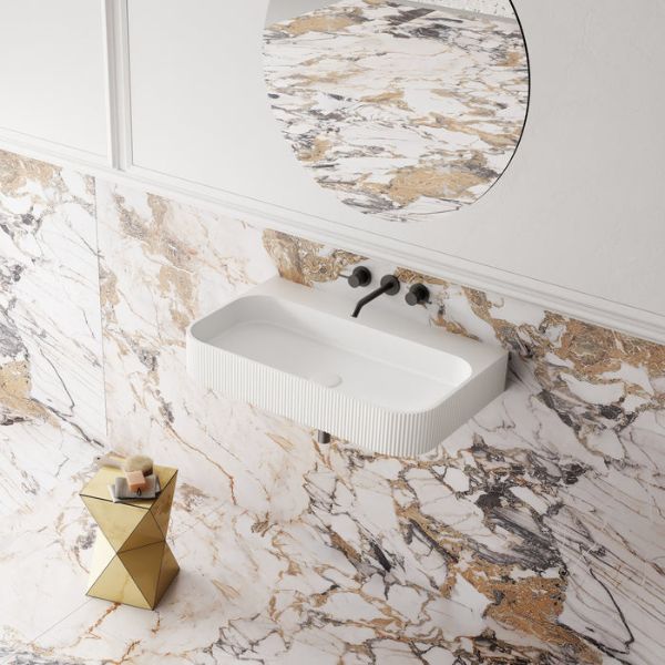 Cassa Design V Groove Wall Hung Solid Surface Stone Basin 750mm Matte White The Blue Space