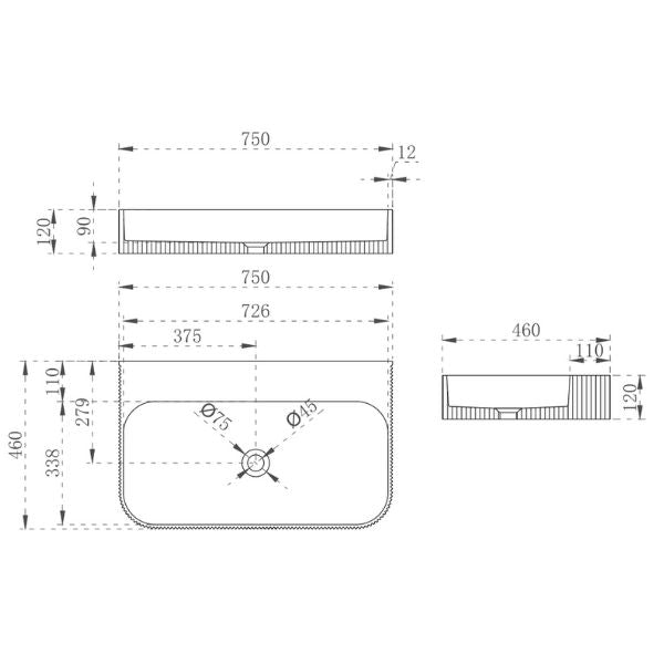 Cassa Design V Groove Wall Hung Solid Surface Stone Basin 750mm Matte White The Blue Space