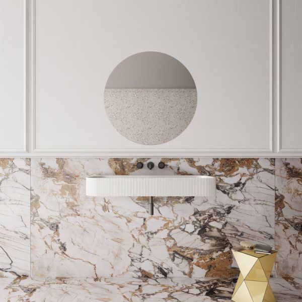 Cassa Design V Groove Wall Hung Solid Surface Stone Basin 900mm Matte White features Gunmetal wall mounted 3 piece set and round mirror in marble bathroom design front view - The Blue Space