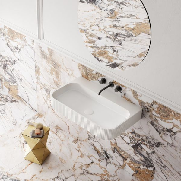 Cassa Design V Groove Wall Hung Solid Surface Stone Vanity Basin Matte White - The Blue Space