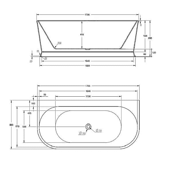 Technical Drawing; Cassa Design Westminster Back To Wall Bath 1700mm
