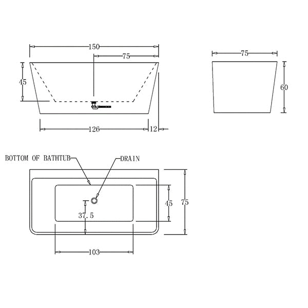 Cee Jay Square Back to Wall Freestanding Bath 1500mm Technical Drawing - The Blue Space