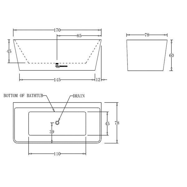 Cee Jay Square Back to Wall Freestanding Bath 1700mm Technical Drawing - The Blue Space