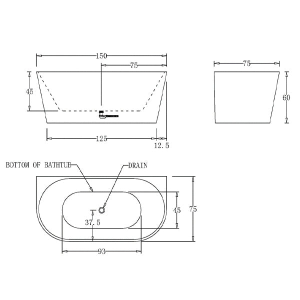 Cee Jay Round Back to Wall Freestanding Bath 1500mm Technical Drawing - The Blue Space