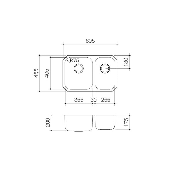 Clark Polar 1.5 Bowl Undermount Kitchen Sink Technical Drawing - The Blue Space