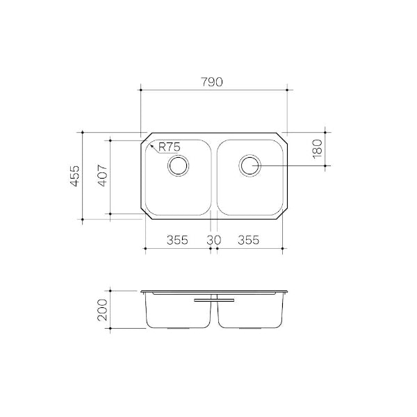 Clark Polar Double Bowl Undermount Kitchen Sink Technical Drawing - The Blue Space