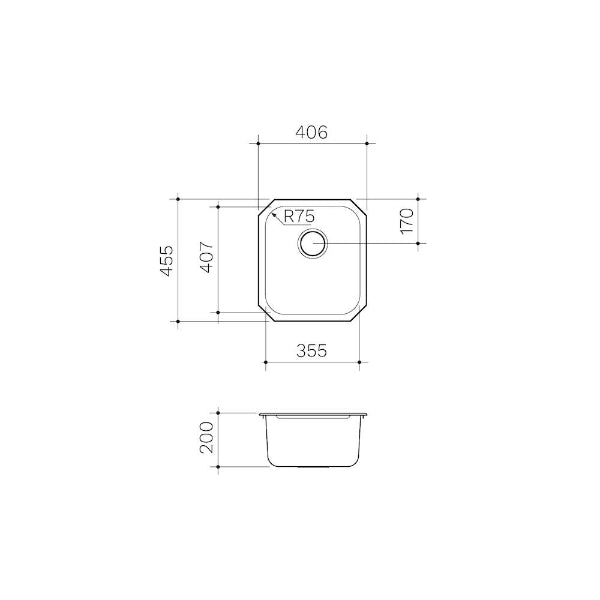 Clark Polar Single Bowl Undermount Kitchen Sink  Technical Drawing  - The Blue Space
