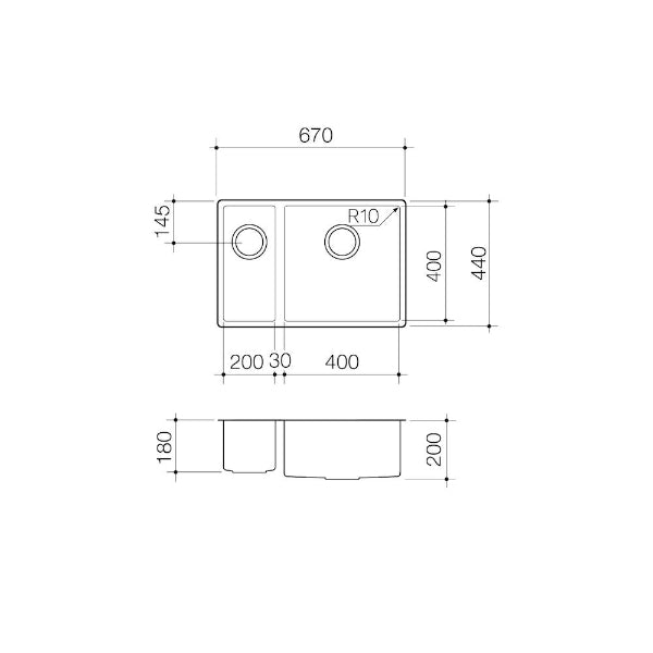 Clark Prism 1.5 Right Hand Bowl Undermount/Overmount Kitchen Sink Technical Drawing  - The Blue Space