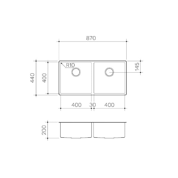 Clark Prism Double Bowl Undermount/Overmount Kitchen Sink Technical Drawing - The Blue Space