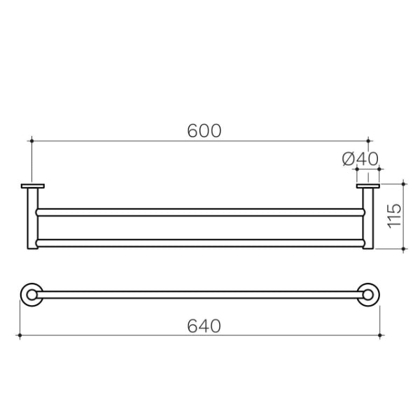 Technical Drawing: Clark Round Double Towel Rail 600mm
