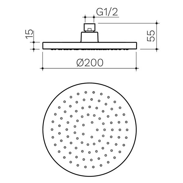 Clark Round II Overhead Rain Shower Head Technical Drawing - The Blue Space 