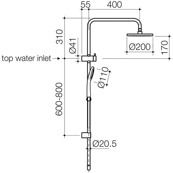 Clark Round II Rail Shower With Overhead Technical Drawing - The Blue Space 
