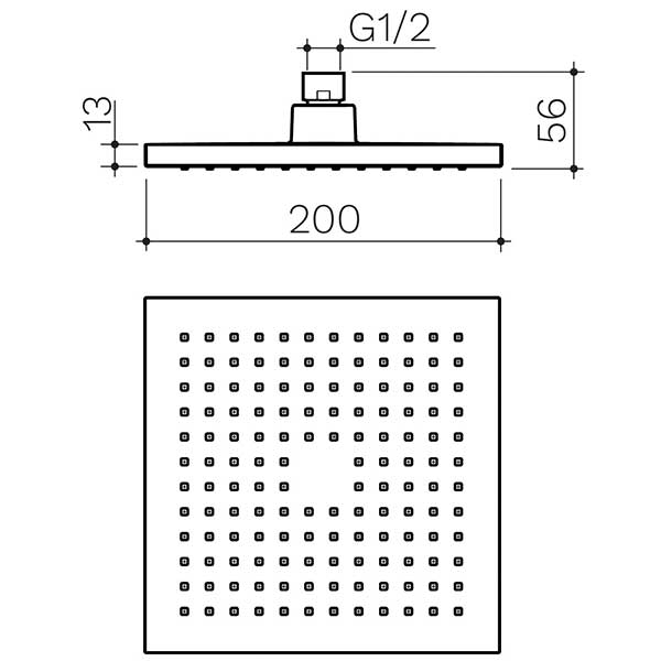 Clark Square II Overhead Rain Shower Head Technical Drawing - The Blue Space 