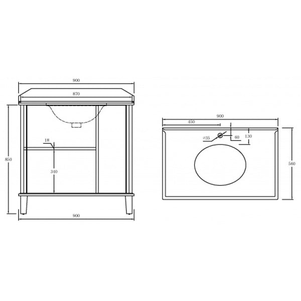 Turner Hastings Coventry 90 x 55 Vanity With White Marble Top Technical Drawing