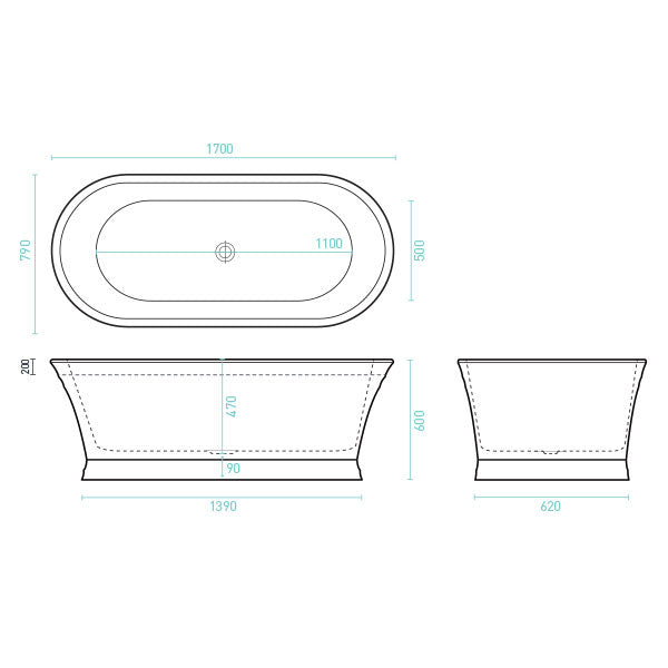 Decina Regent 1700mm Freestanding Oval Bath Technical Drawing - The Blue Space