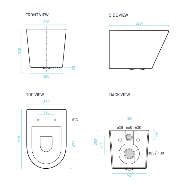 Decina Renee Rimless Wall Hung Toilet Suite with Buttons Technical Drawing - The Blue Space