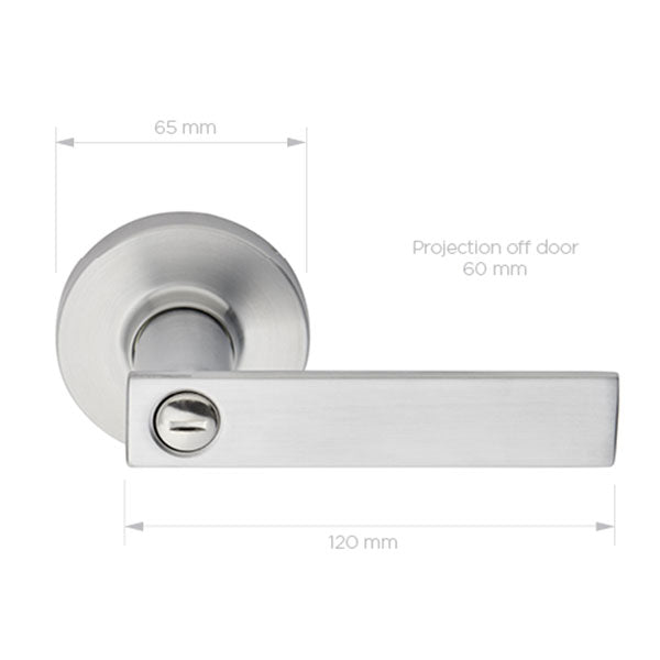 Delf Porto Privacy Lever Set On Round Rosette Satin Chrome Technical Drawing - The Blue Space