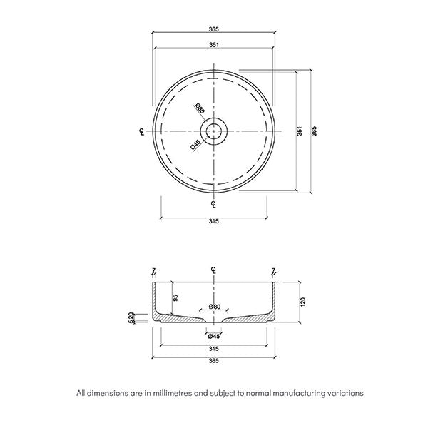 Eight Quarters Amaroo Circle Matte White Basin Technical Drawing - The Blue Space