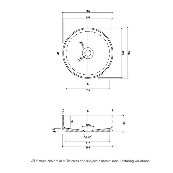Eight Quarters Amaroo Circle Gloss White Basin Technical Drawing - The Blue Space