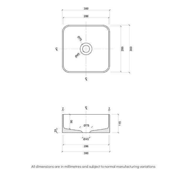 Eight Quarters Amaroo Square Mini Matte White Basin Technical Drawing - The Blue Space