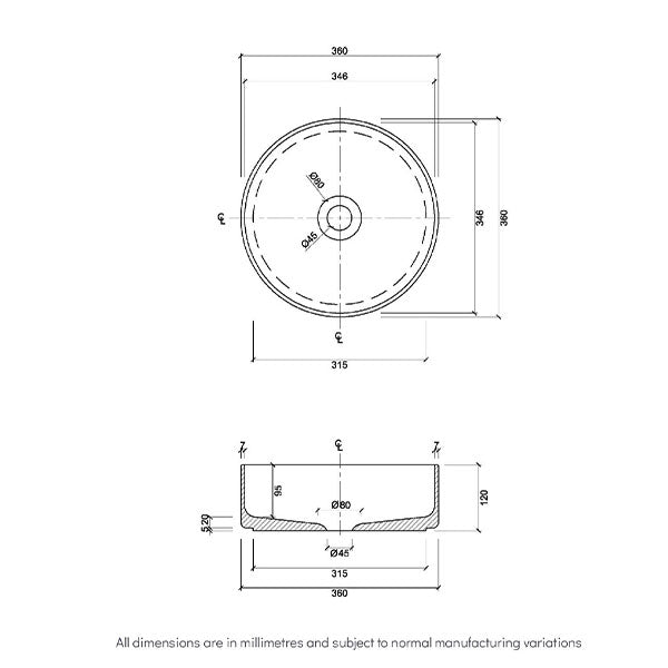 Eight Quarters Bellevue Circle Gloss White Basin Technical Drawing - The Blue Space