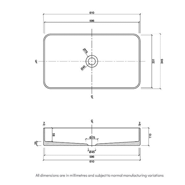 Eight Quarters Bellevue Large Rectangle Gloss White Basin Technical Drawing  - The Blue Space