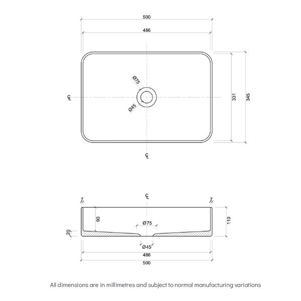 Eight Quarters Bellevue Small Rectangle Contemporary Gloss White Basin Technical Drawing - The Blue Space 