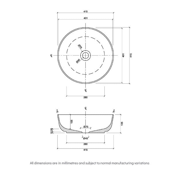 Eight Quarters Montalto Circle Classic Black Rim Basin Technical Drawing - The Blue Space