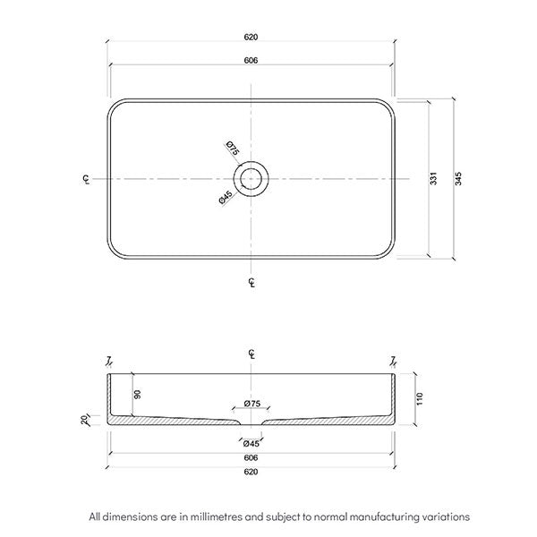 Eight Quarters Montalto Large Rectangle Classic Black Rim Basin Technical Drawing - The Blue Space