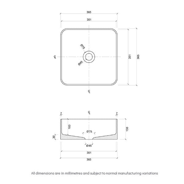 Eight Quarters Montalto Square Contemporary Black Rim Basin Technical Drawing - The Blue Space