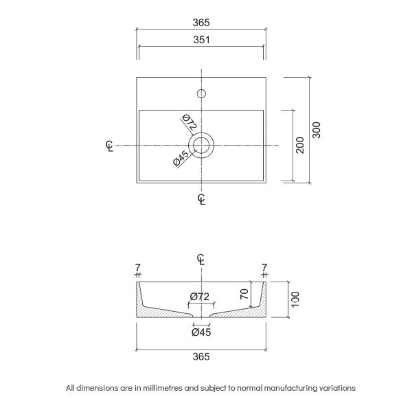 Eight Quarters Oxford Wall Hung Basin with One Tapholes Technical Drawing - Online at The Blue Space