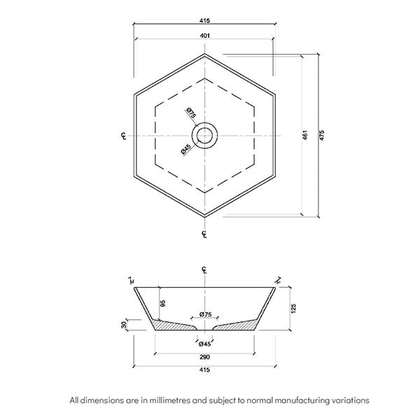 Eight Quarters Regency Hexagon Gloss White Basin Technical Drawing - The Blue Space