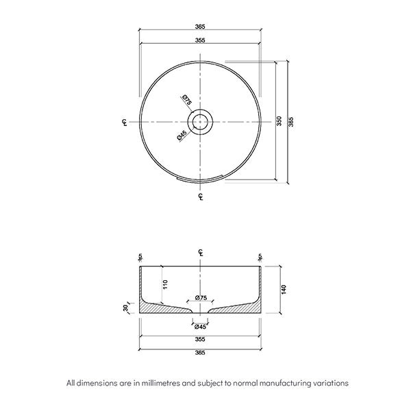 Eight Quarters Seymour Scroll Circle Gloss White Basin Technical Drawing - The Blue Space
