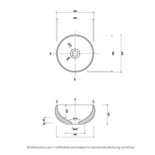 Eight Quarters Seymour Sphere Circle Gloss White Basin Technical Drawing - The Blue Space