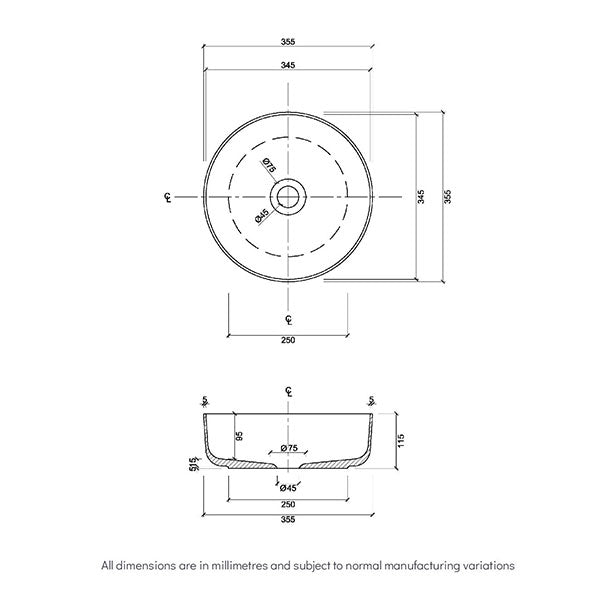 Eight Quarters Seymour Studs Circle Gloss White Basin Technical Drawing - The Blue Space